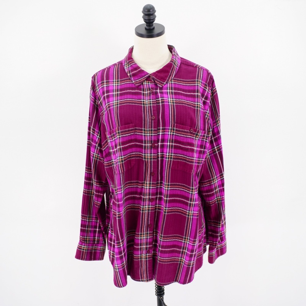 St John's Bay 2X Flannel Purple Orange Cotton Double Font Pocket Button Down Top